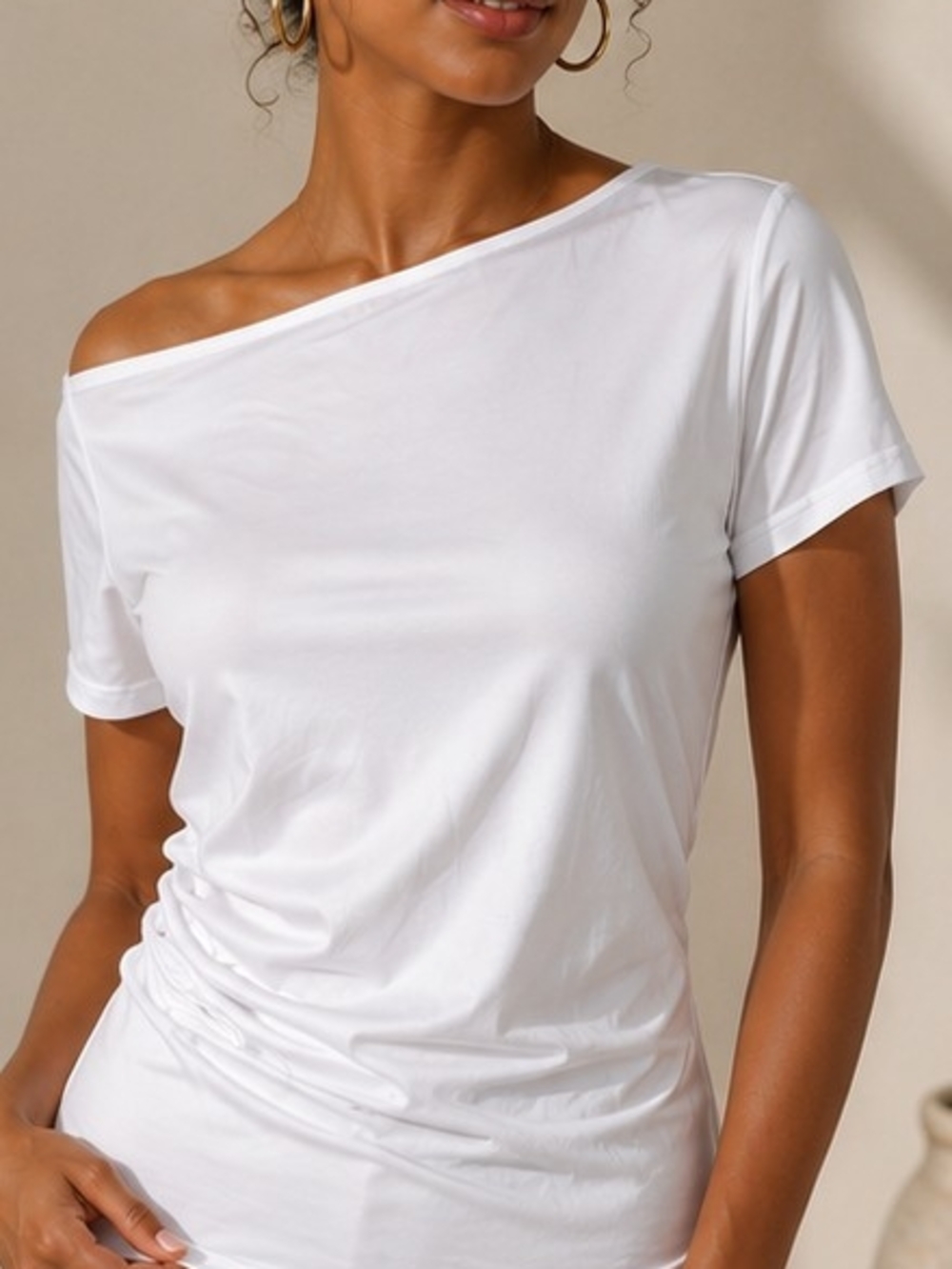White Off-Shoulder Short Sleeve Tee - Women